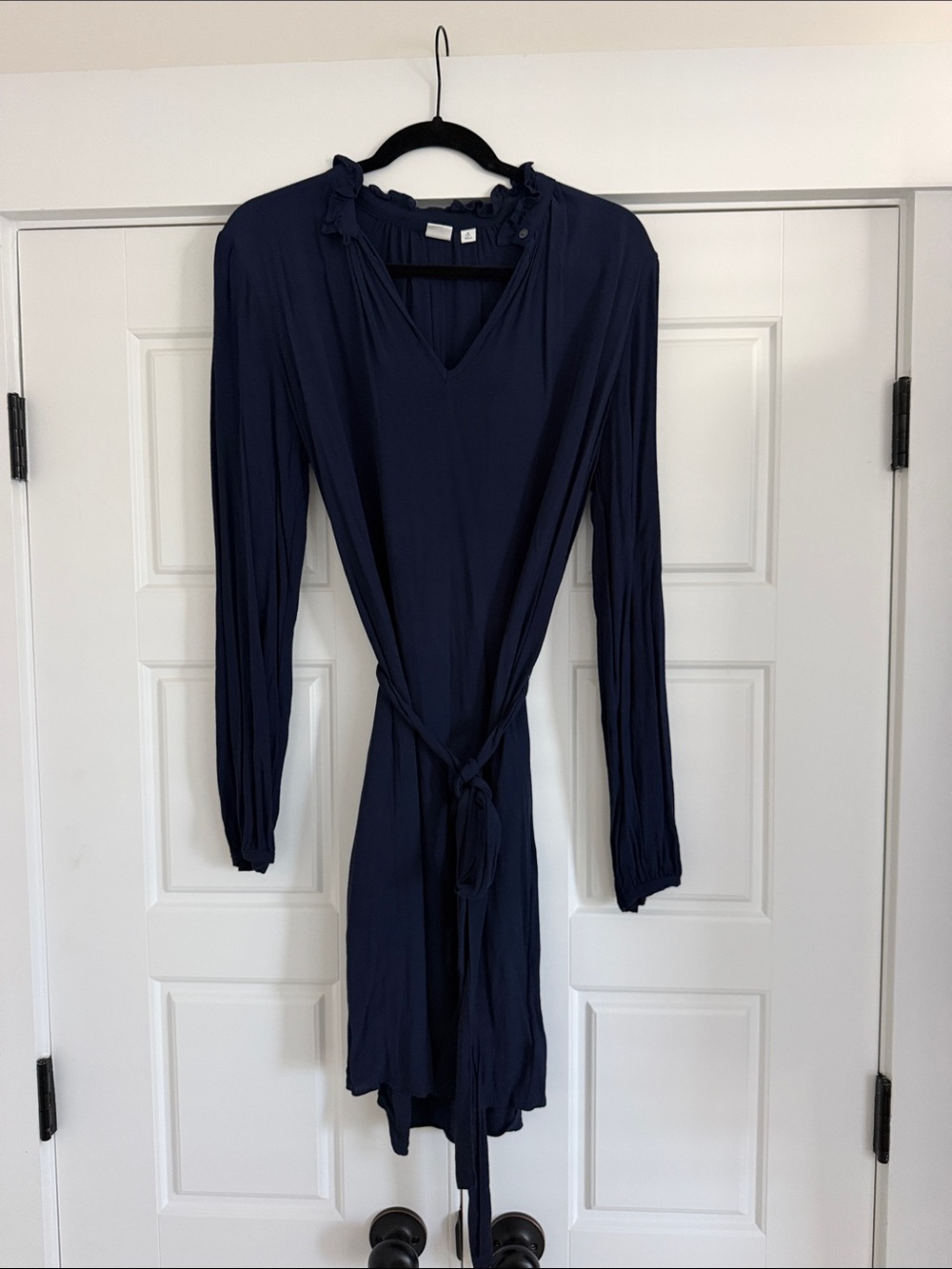 Navy Long-Sleeve Tie-Waist Dress - medium Tall